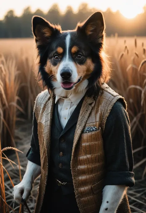 photograph, Rusticcore, Chic (Hagrid:1.1) , wearing Gator skin costume with Border Collie accessories, frolicking in a reeds, Vibrant Lapel Pin, Eyeliner, Face Mask, at Sunrise, shallow depth of field, Sketched, Sad, rim light, film grain, Kodak portra 800, Circular polarizer, made of Wood <lora:RMSDXL_Enhance:2> <lora:RMSDXL_Darkness_Cinema:2>