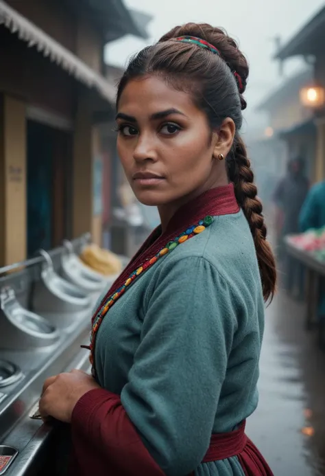 photograph, medium close-up shot of a Deafening Peruvian Adele, Facing forward, [Qing Dynasty:Ghanaian:8] Buttons, Tail, Remarkable Laundromat in background, Foggy, deep focus, film grain, Canon RF, Depth of field 270mm, Primary Colors, rich color, unreal engine <lora:RMSDXL_Enhance:2> <lora:RMSDXL_Darkness_Cinema:2>