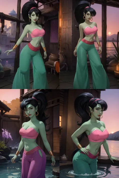 wading,looking at viewer,solo,water, sunset, onsen, wisteria,moody lighting, BREAK, 1girl, solo, 
CARTOON_eden_genie_aladdintv_ownwaifu, www.ownwaifu.com, 
((green skin)), colored skin, black hair,  pointy ears, long hair, ponytail, hoop earrings, breasts, makeup, lipstick, red lips, big hair, very long hair, medium breasts, large breasts, narrow waist, curvy, tall female, high ponytail, hairband, bracelet, 
jewelry, earrings, strapless, midriff, navel, bare shoulders, tube top, bandeau,  cleavage, baggy pants, see-through,  see-through pants, harem pants, 
{<lora:CARTOON_eden_genie_aladdintv_ownwaifu-15:1> |<lora:CARTOON_eden_genie_aladdintv_ownwaifu-15:0.9> |<lora:CARTOON_eden_genie_aladdintv_ownwaifu-15:0.8> |<lora:CARTOON_eden_genie_aladdintv_ownwaifu-15:0.7> }