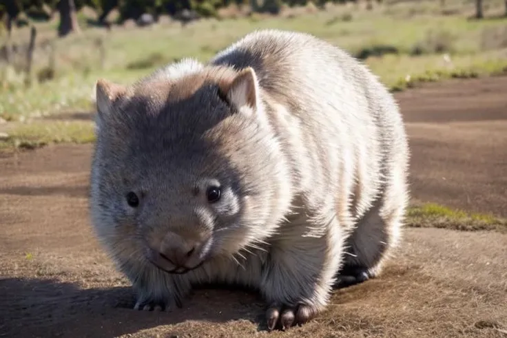 <lora:wombat_v1:0.7> animal, realistic, signature, animal focus, looking at viewer, outdoors, wombat