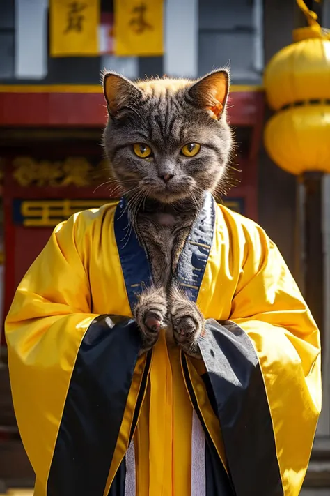 highres, 8k, absurdres, realistic, (Chartreux:1.3), (cat_human:1.5),  animal, (cat:1.3),   Daoist_Robe, yellow daoist_robe, standing, hands behind, east asian architecture, temple, (close up:1.3), 
<lora:Chartreux_v3-000010:0.55>   ,
 <lora:Daoist_Robe_v2-000003:0.6>