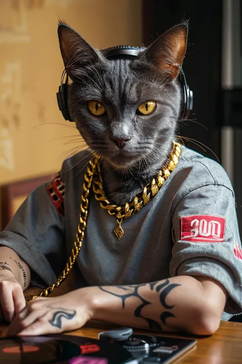 highres, 8k, absurdres, realistic, (Chartreux:1.3), (cat_human:1.3), sunglasses, cat, necklace, jewelry, tattoo, no humans, blurry, eyewear on head, animal, headphones, chain, chain necklace, looking at viewer, gold chain, indoors, arm tattoo, blurry background, instrument, depth of field, solo, 
<lora:Chartreux_v3-000010:0.55>