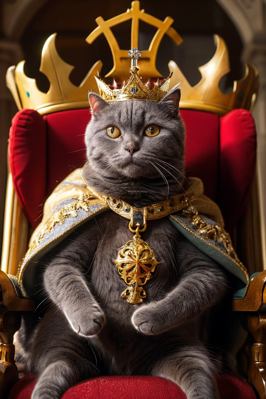 highres, 8k, absurdres, realistic, (Chartreux:1.3), (cat_human:1.3), cat, animal_focus, king, kingdom, sitting on his king chair, (king crown:1.4), mantle, capelet, royal mantle, (medieval:1.4),
<lora:Chartreux_v3-000010:0.55> ,