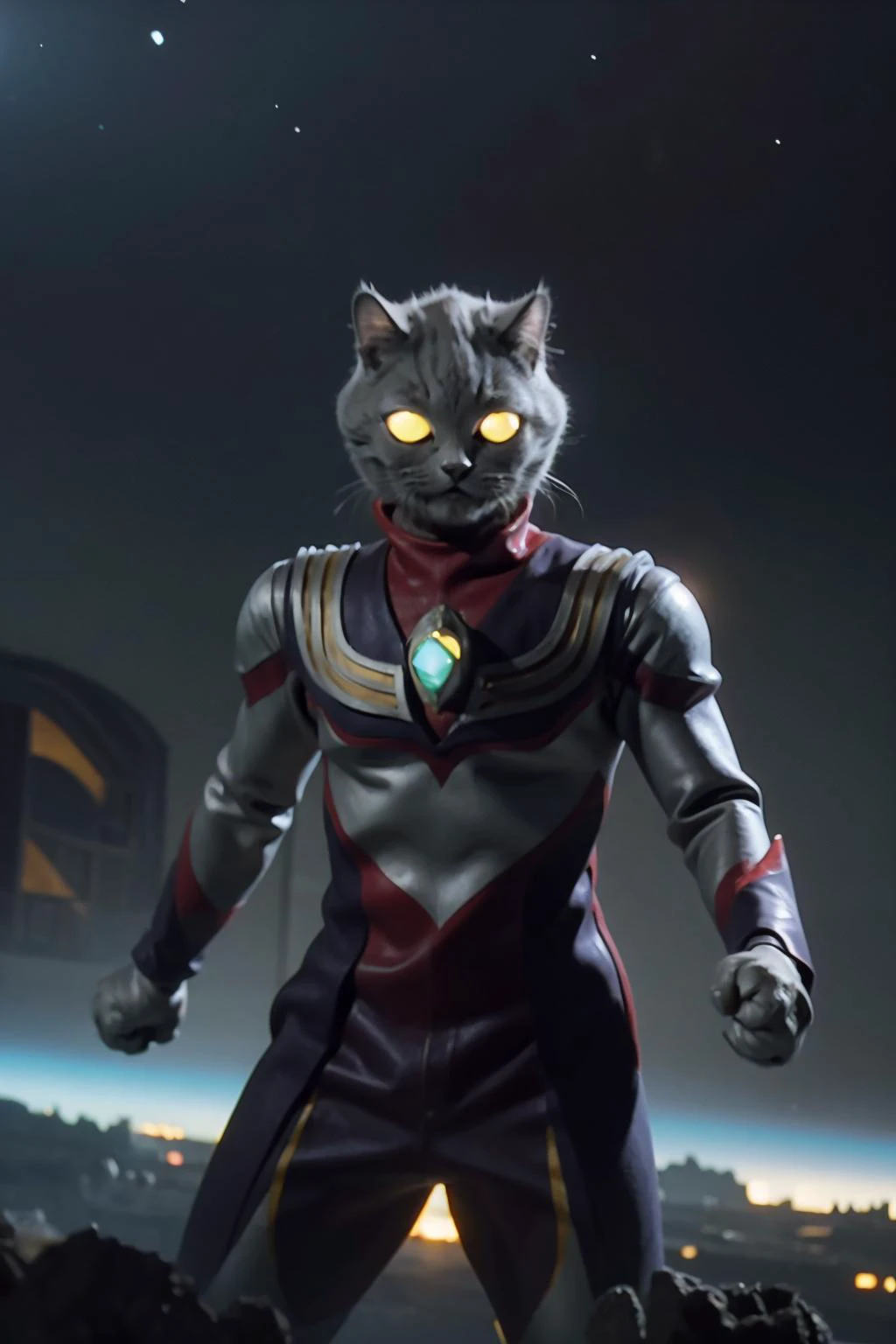 highres, 8k, absurdres, solo, 1cat, non_human, (cat:1.4), (Chartreux:1.65), solo, space, looking at viewer,(c4ttitude:1.2), ((tokusatsu)),glowing eyes, yellow eyes, standing,
<lora:Chartreux_38-000002:0.4> , <lora:c4ttitudeflexver:0.35>, <lora:tiga:0.75> 1boy, alien, tokusatsu, glowing eyes,