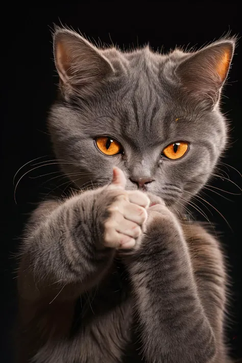 highres, 8k, absurdres, realistic, (Chartreux:1.3), (cat_human:1.3), looking at viewer, animal, simple background, orange eyes, realistic, upper body, black background, (Thumb_Up:1.4),
<lora:Chartreux_v3-000010:0.55>