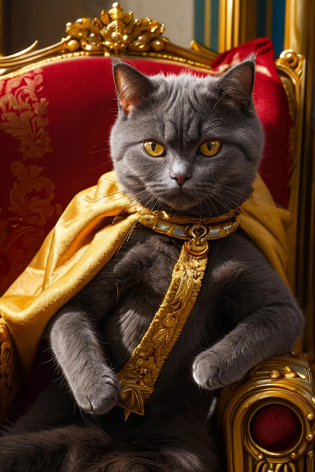 highres, 8k, absurdres, realistic, (Chartreux:1.3), (cat_human:1.3), cat, animal_focus, king, kingdom, sitting on his king chair, king crown, mantle, capelet, royal mantle,
<lora:Chartreux_v3-000010:0.55> ,