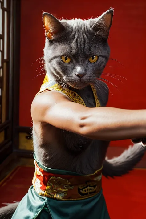 highres, 8k, absurdres, realistic, (Chartreux:1.4), (cat_human:1.3), cat, no humans, fighting stance, (chinese clothes:1.2), animal focus, animal, standing, (upper body:1.3), looking at viewer, solo, indoors, realistic, tail, kungfu,
<lora:Chartreux_v3-000010:0.55>