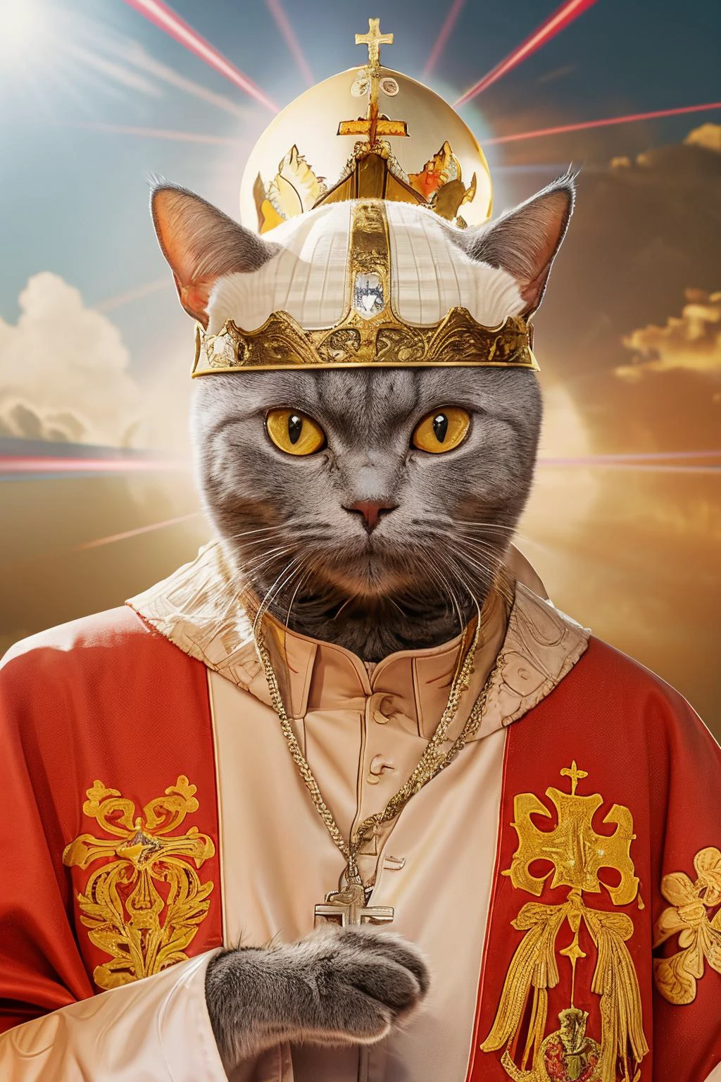 highres, 8k, absurdres, realistic, (Chartreux:1.3), (cat_human:1.3), cat, animal_focus, the Pope, Catholic , bishop of Rome, cross, (Pope:1.4), ((sunbeam)), god_rays, Giant God cloud behind, God background, (Heaven:1.4), (God:1.4),
<lora:Chartreux_v3-000010:0.55> ,