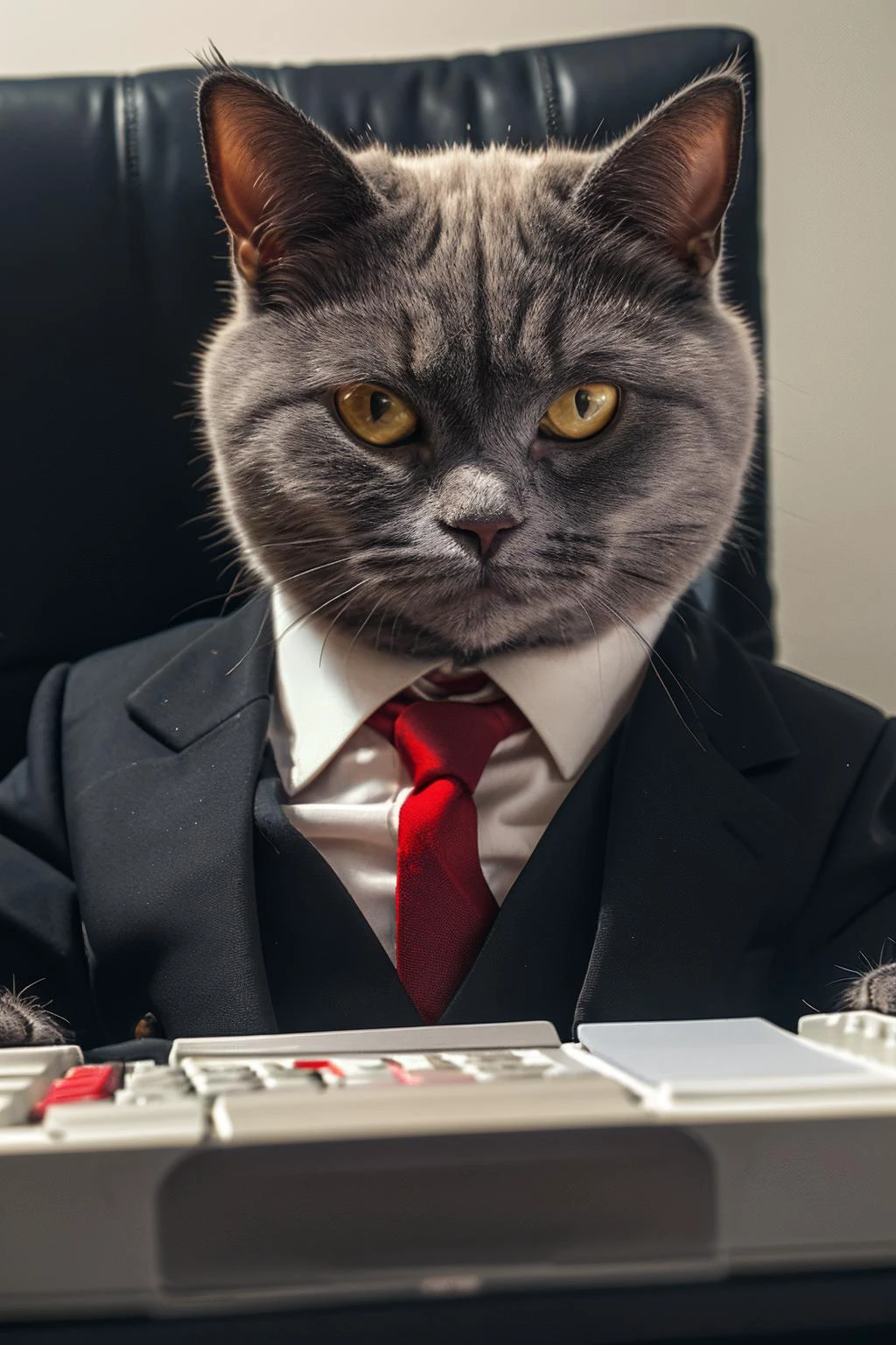 highres, 8k, absurdres, realistic, (Chartreux:1.3), (cat_human:1.3), cat, animal_focus, close up, simple background, plain background, programmer, (black suit:1.3), red tie, keyboard, in front of computer, looking at viewer, nerd glasses, sitting on computer chair, sitting, office,
<lora:Chartreux_v3-000010:0.55>