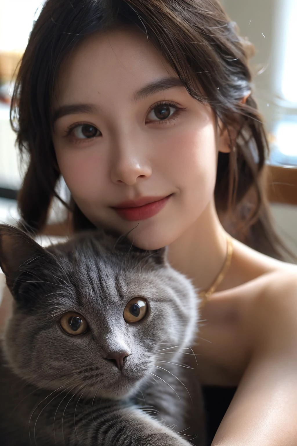 highres, 8k, absurdres, realistic, (Chartreux:1.3), animal_focus, close up, Chartreux, 1girl, (cn_girl:1.3), cat, animal, realistic, holding animal, jewelry, earrings, blurry, looking at viewer, black hair, holding cat, blurry background, brown eyes, solo, smile, short hair, depth of field, portrait, holding, holding cat
<lora:Chartreux_v3-000010:0.55> , <lora:CN_Girl5-000012:0.45>