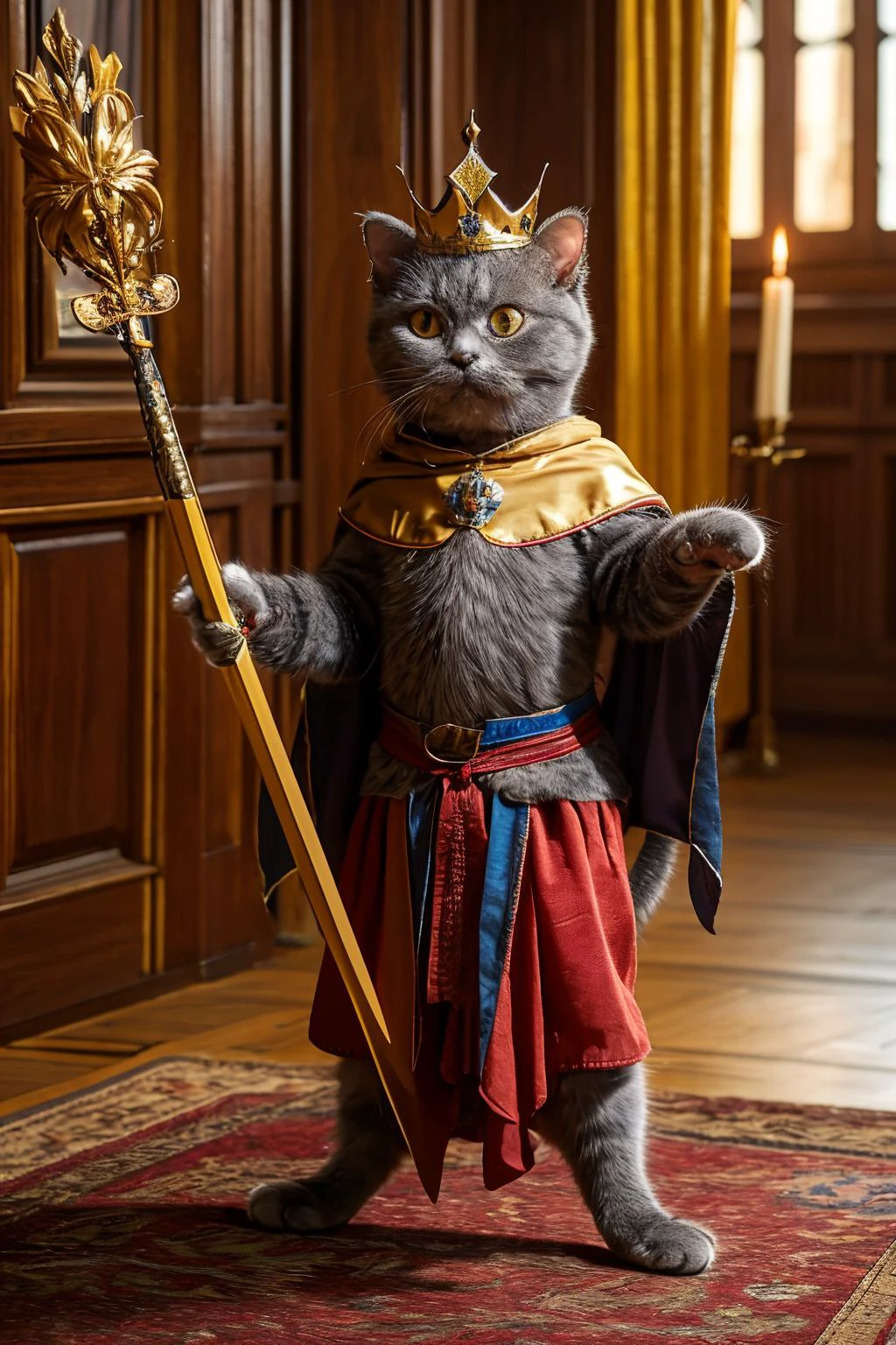 highres, 8k, absurdres, realistic, (Chartreux:1.3), (cat_human:1.3), cat, animal_focus, king, kingdom, (king crown:1.4), standing, holding a long sword pointing at sky, war, ready for war, fierce stance, mantle, capelet, royal mantle, (medieval:1.4),
<lora:Chartreux_v3-000010:0.55> ,
