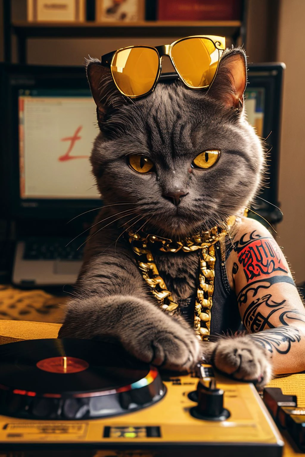 highres, 8k, absurdres, realistic, (Chartreux:1.3), (cat_human:1.3), sunglasses, cat, necklace, jewelry, tattoo, no humans, blurry, eyewear on head, animal, headphones, chain, chain necklace, looking at viewer, gold chain, indoors, arm tattoo, blurry background, instrument, depth of field, solo,
<lora:Chartreux_v3-000010:0.55>