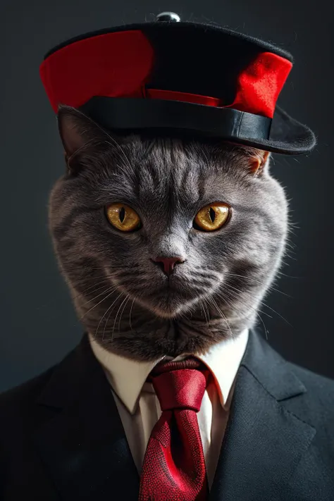 highres, 8k, absurdres, realistic, (Chartreux:1.3), (cat_human:1.3), cat, animal_focus, close up, simple background,  plain background, red long tie, close up, cigar, holding, round eyes, (black suit:1.2), black tall hat, looking at viewer, hitman, 
<lora:Chartreux_v3-000010:0.55>