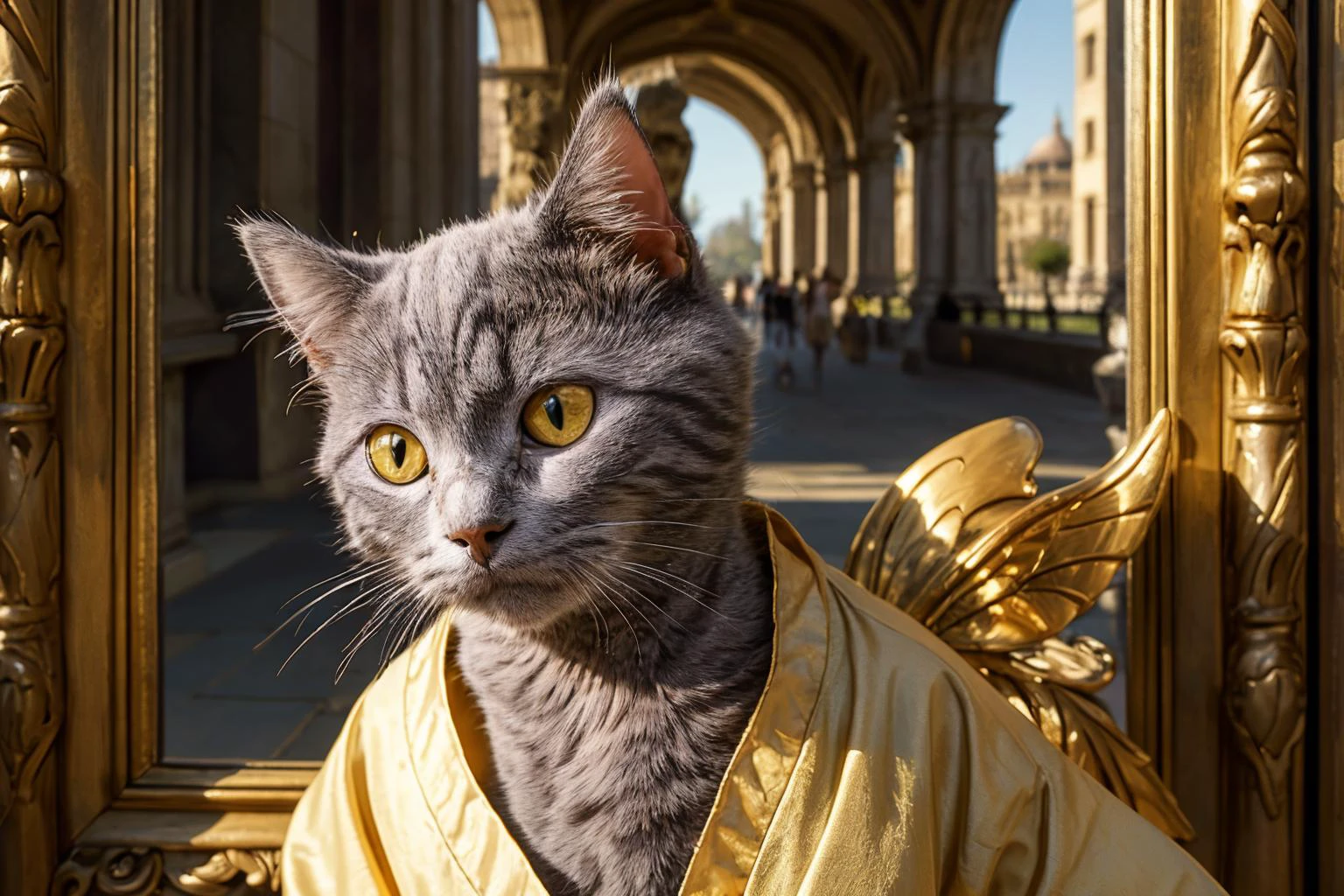 highres, 8k, absurdres, realistic, ((close up)), (Chartreux:1.3), (cat_human:1.55), (cat:1.4), animal_focus, outdoor, golden palace, palace, marble_arch, marble_stones, tall buildings, fairy wings, fairy see-through robe,
<lora:Chartreux_v3-000010:0.35> ,