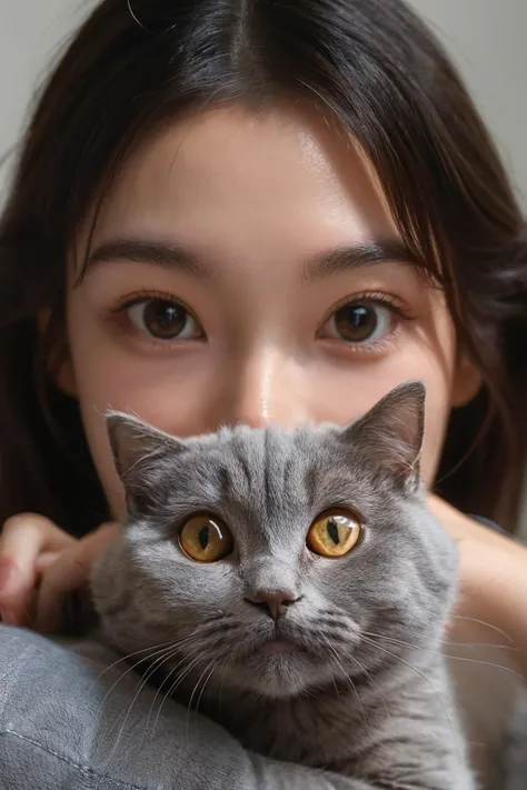 highres, 8k, absurdres, realistic, (Chartreux:1.3),  animal_focus, close up, Chartreux, 1girl, (cn_girl:1.3), cat, animal, realistic, holding animal, jewelry, earrings, blurry, looking at viewer, black hair,  long hair, navel, holding cat, blurry background, brown eyes, solo, smile, short hair, depth of field, portrait,  holding, holding cat
<lora:Chartreux_v3-000010:0.55>   , <lora:CN_Girl5-000012:0.35>