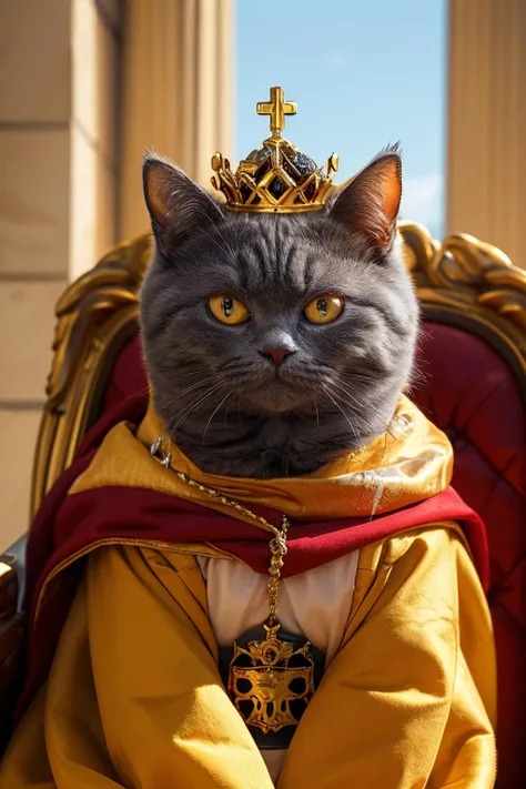 highres, 8k, absurdres, realistic, (Chartreux:1.3), (cat_human:1.3), cat, animal_focus, king, kingdom, sitting on his king chair, (king crown:1.4),  mantle, capelet, royal mantle, (medieval:1.4),  
<lora:Chartreux_v3-000010:0.55>   ,