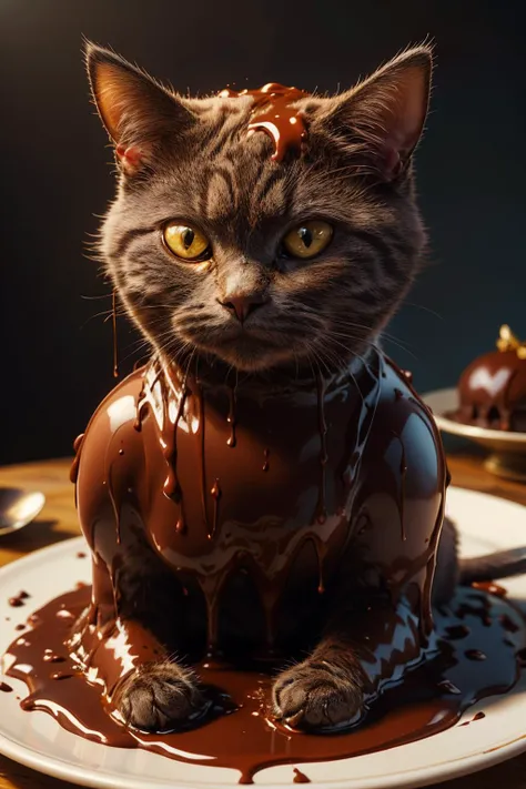 highres, 8k, absurdres, realistic, ChocolateWetStyle, (Chartreux:1.3), (cat_human:1.55), (cat:1.4), animal_focus, chocolate cat, chocolate sauce dripping in background, (chocolate fantasy world:1.4), chocolate sky,
<lora:Chartreux_v3-000010:0.45> , <lora:ChocolateWetStyle:0.55> , on plate,