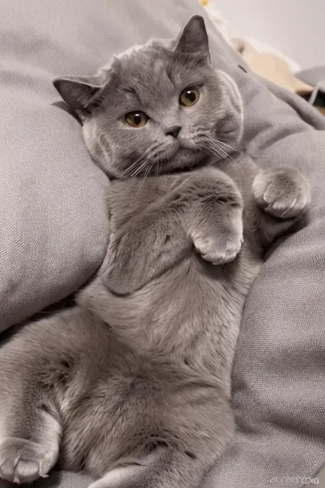 (masterpiece, extremely detailed, 8k wallpaper, best quality, Amazing, finely detail, high resolution, ray tracing), {an extremely delicate and beautiful, RAW, perfect anatomy, best shadow},
a young cat, cute face, lying on your back, show its belly to the air, on the cat bed, living room, a baby subjective point of view, hyper realistic, <lora:Chartreux_v2:0.8>