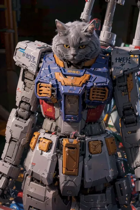 ((masterpiece), (best quality), ultra high res, (raw photo:1.2), (photorealistic:1.4), Exceptional detail, dramatic lighting, highres,   8k, absurdres, 1cat, (Chartreux:1.2),  Chartreux, gundam\(rx78\), mecha, robot, science fiction,
<lora:Chartreux_38-000002:0.7>, <lora:c4ttitudeflexver:0.65>  ,     <lora:RX78_V1:0.7>