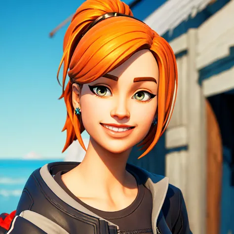 (masterpiece:1.2, best quality), FortniteStyle, 1girl, gray eyes, orange hair, wide smile, ponytail, black bomber jacket <lora:Fortnite-000007:0.79>