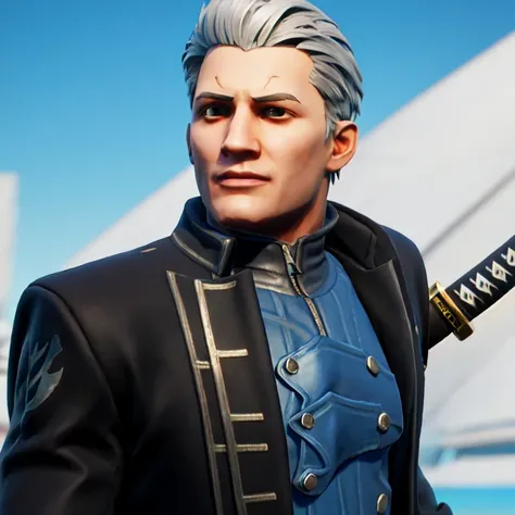 (masterpiece:1.2, best quality), FortniteStyle, 1boy, Vergil(DMC5), white hair, black overcoat, katana, epic <lora:Fortnite-000007:0.79> <lora:Vergil-1:0.5>