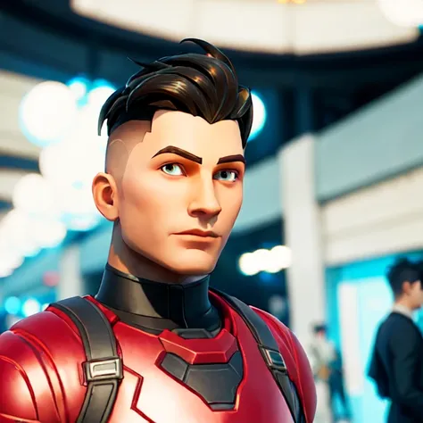 (interior, white lights, shopping mall:1.2), (masterpiece:1.2, best quality), FortniteStyle, 1boy, suit, black hair, long hair, red armor <lora:Fortnite-000007:0.79>