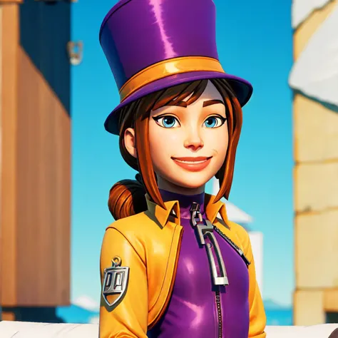 (masterpiece:1.2, best quality), FortniteStyle, 1girl, brown hair, blue eyes, ponytail, <lora:Fortnite-000007:0.79> <lora:HatKidLora:0.65> hat kid, purple dress, zipper pull tab, top hat, yellow cape, white pants, smile