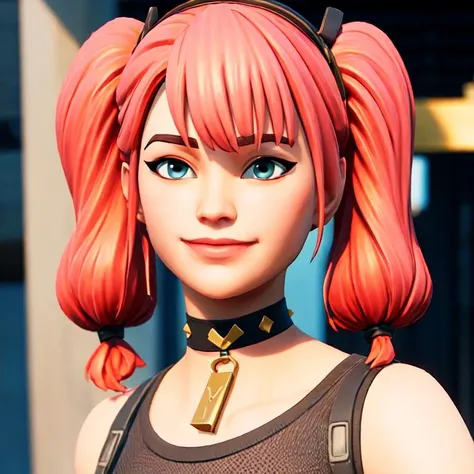 (masterpiece:1.2, best quality), FortniteStyle, 1girl, pink hair, twintails, black shirt, choker, blue dress, {white marble background with golden filigrees} <lora:Fortnite-000007:0.79>
