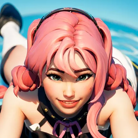 (masterpiece:1.2, best quality), FortniteStyle, 1girl, pink hair, long hair, smile, looking at viewer, black dress, laying on her back, looking up to viewer, POV, slutty <lora:Fortnite-000007:0.79> <lora:BelleDelphineNewV4:0.6>