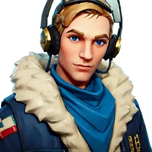 (masterpiece:1.2, best quality), FortniteStyle, 1boy, ((blue eyes, gold short hair)), (headset, white scarf, black bomber jacket), white background, closeup <lora:Fortnitestyle-000009:0.69>
