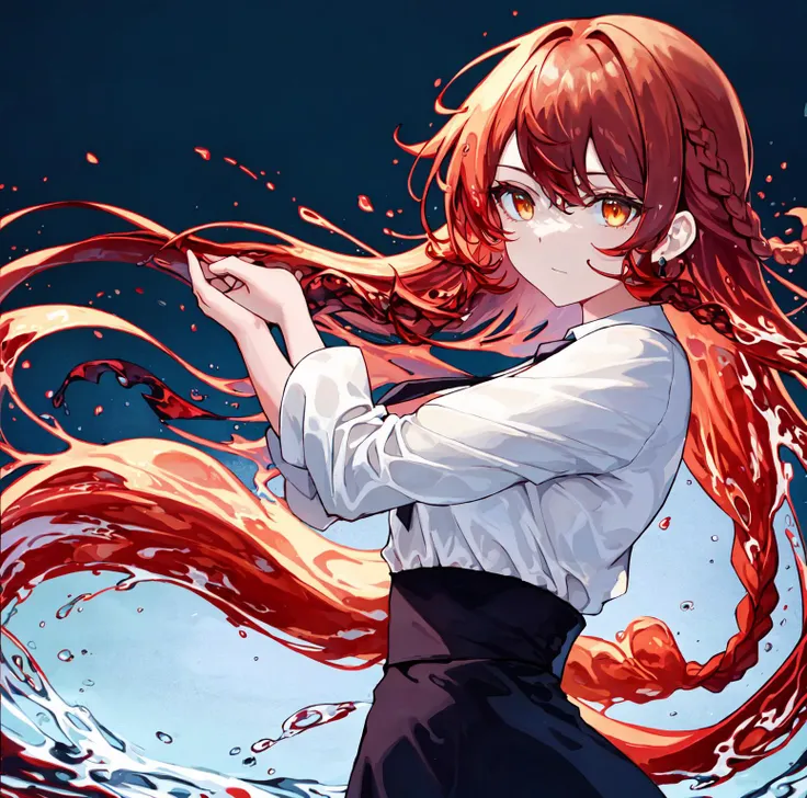 liquid hair, 1girl, solo, red hair, long braided hair, golden eyes, bangs, medium breasts, white shirt, necktie,