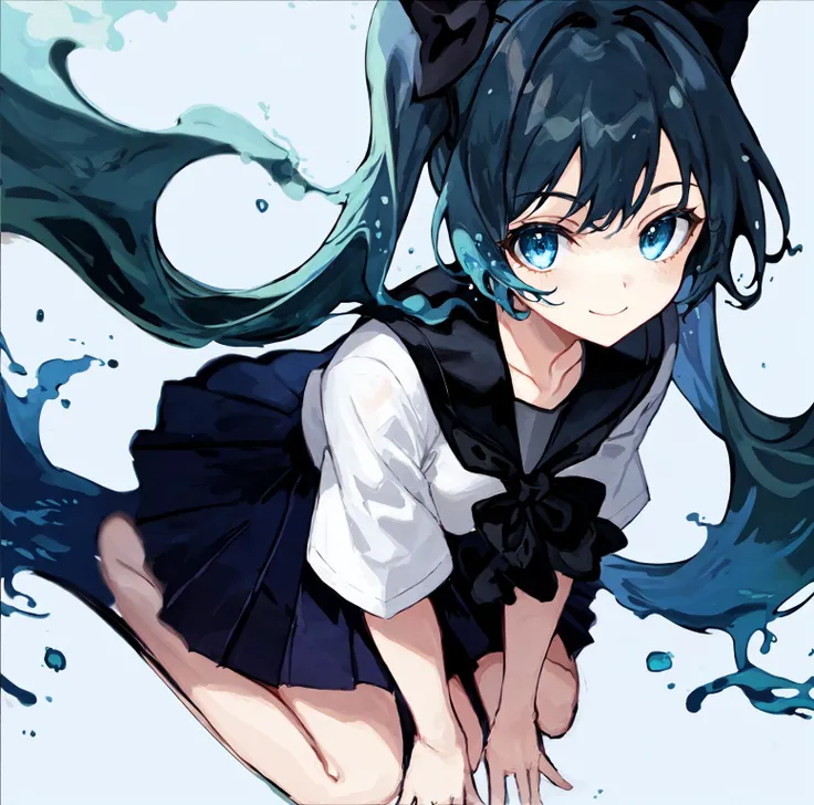 liquid hair, solo, 1girl, white background, hatsune miku, skirt, simple background, twintails, long hair, looking at viewer, blue eyes, school uniform, serafuku, blue hair, shirt, sailor collar, short sleeves, very long hair, black skirt, white shirt, pleated skirt, closed mouth, blue bow, bow, bangs, smile, black sailor collar, seiza