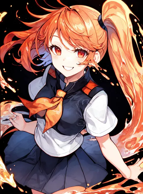 liquid hair, 1girl, school uniform, solo, smile, red eyes, Orange hair,side_ponytail,