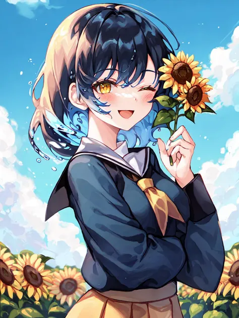 liquid hair, solo, 1girl, flower, sunflower, one eye closed, solo, holding, blue hair, smile, holding flower, yellow eyes, long hair, looking at viewer, yellow flower, upper body, open mouth, blush, ;d, outdoors, sky, swept bangs, bangs, day, cloud, blue sky, school uniform, long sleeves,