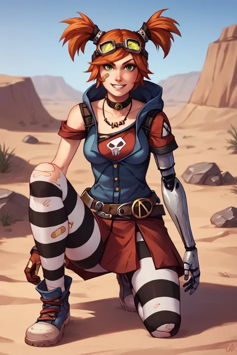 masterpiece, best quality, 1girl, solo,  <lora:lilithbl2-guy-v3:.95>, lilithbl2, tattoo, fingerless gloves, makeup, midriff, belt, crop top, vest, torn clothes, pants,  from side, outdoors, desert,