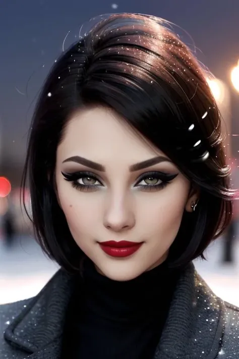 <lora:avari-06:0.5>, avari, photo of a woman, ((short hair, dark brown hair)), ((turtleneck sweater, jacket)), ((outdoors, city, at night, snow)),smiling, ((red lipstick, eyeliner, eye shadow, blush)), ((best quality, masterpiece, extreme details, high resolution):1.2),((detailed eyes, beautiful eyes, detailed face, beautiful face):1.2)