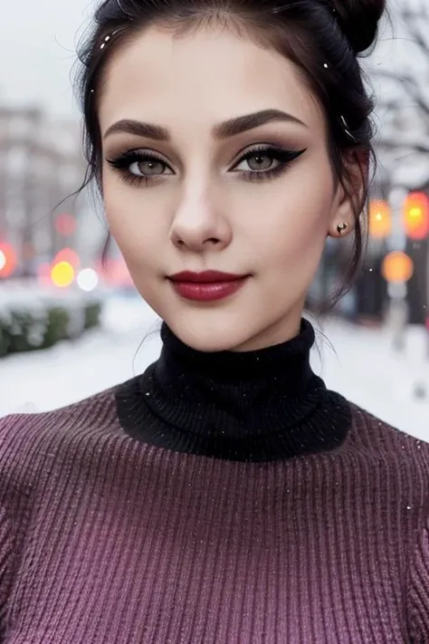 <lora:avari-06:0.6>, avari, photo of a woman, ((hair up, hair in bun, dark brown hair)), ((turtleneck sweater, jacket)), ((closeup, portrait)), ((outdoors, city, at night, snow)),smiling, ((red lipstick, eyeliner, eye shadow, blush)), ((best quality, masterpiece, extreme details, high resolution):1.2),((detailed eyes, beautiful eyes, detailed face, beautiful face):1.2)