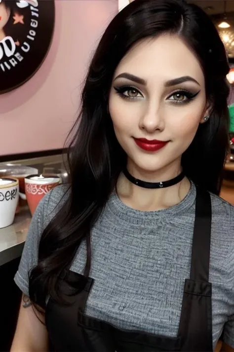 <lora:avari-06:0.6>, avari, photo of a woman, ((dark brown hair)), ((barista uniform, barista outfit, apron, coffee shop, coffee cup)),smiling, ((red lipstick, eyeliner, eye shadow, blush)), ((best quality, masterpiece, extreme details, high resolution):1.2),((detailed eyes, beautiful eyes, detailed face, beautiful face):1.2) , ((tattoos))