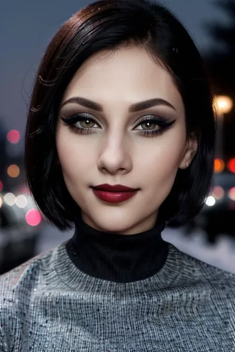 <lora:avari-06:0.6>, avari, photo of a woman, ((short hair, dark brown hair)), ((turtleneck sweater, jacket)), ((outdoors, city, at night, snow)),smiling, ((red lipstick, eyeliner, eye shadow, blush)), ((best quality, masterpiece, extreme details, high resolution):1.2),((detailed eyes, beautiful eyes, detailed face, beautiful face):1.2)
