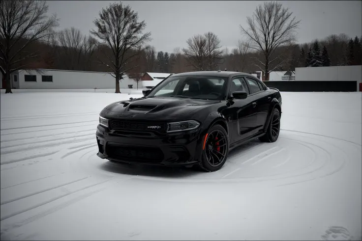 black chargerhellcatsrt, car, black paint, soft light, in the snow, snow, snowfall, winter, high-angle view
<lora:ChargerHellcatSRT:0.8>
