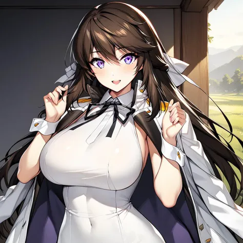 (masterpiece),(best quality),(ultra-detailed),(best illustration),(best shadow),(absurdres),(detailed background),(very aesthetic), shin jia, 1girl, breasts, solo, large breasts, purple eyes, long hair, jacket on shoulders, sleeveless, white background, looking at viewer, hair between eyes, ribbon, smile, jacket, field background, brown hair, neck ribbon, blush, wrist cuffs, bangs, dress, black ribbon, open mouth, hands playing with hair, hands up, normalform<lora:Shin_Jia_v2.2:1>