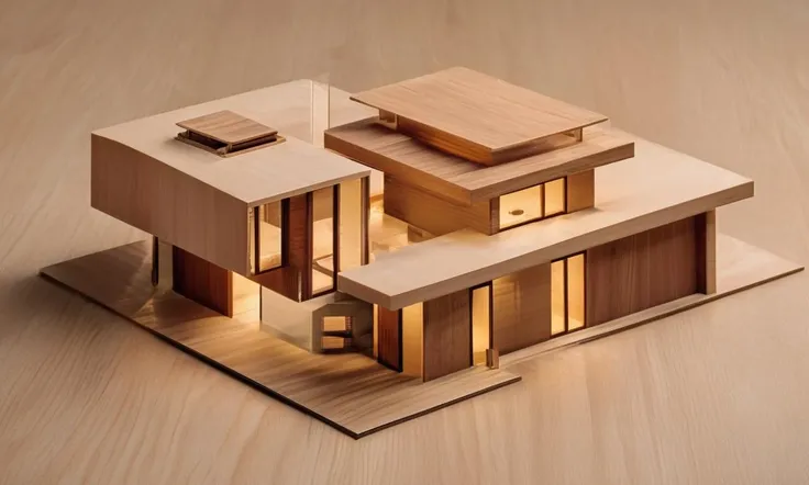 modern architecture style, building,<lora:woodenmodel-v10:1>,woodenmodel, on desk, simple background,
