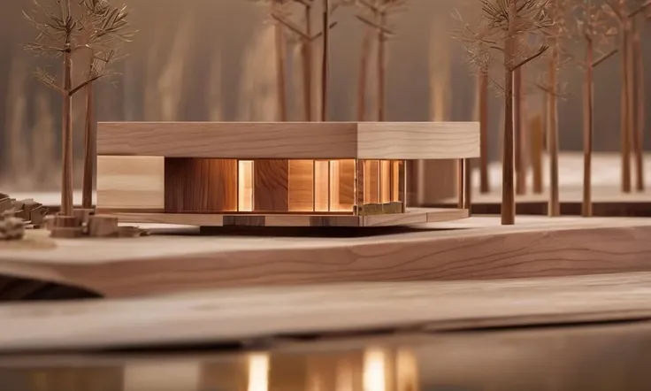 modern architecture style, building,<lora:woodenmodel-v10:1>,woodenmodel, on desk, simple background, forest, landscape, river