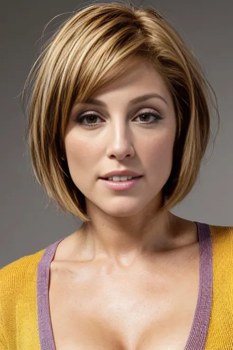 8k closeup portrait photo of j3n35p0 wearing a colorful 1990s outfit, studio lighting, ((straight a-line bob haircut))