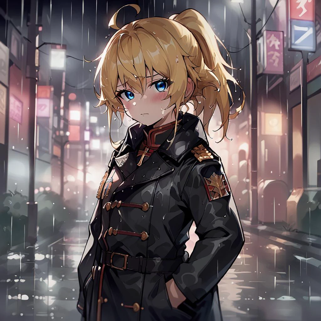 score_9, score_8_up, score_7_up,
TanyaDegurechaff, dark tunic, 1girl, solo, long hair, looking at viewer, blush,sad,cold colors,blue styled colors, bangs, blue eyes, blonde hair, long sleeves, hair between eyes, closed mouth, standing, ponytail, ahoge, sidelocks, cowboy shot, outdoors, belt, blurry, coat, wet, cross, rain, epaulettes, hand in pocket, black coat, hands in pockets, wet hair, score_9, source_anime,
,<lora:TanyaPonyV2:0.8> <lora:LowKeyLightsPony:0.4> LowKeyLights