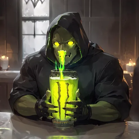 score_9, score_8_up, score_7_up, <lora:MonsterNitroPony:0.6>,NitroEnergy,solo,holding,cup,1man,wearing dark hood,huge glowing green glass cup in the midle of the table,holding cup with both hands,long dark demon fingers,wearing black gloves,monster nitro style backround,dark backround,
<lora:LowKeyLightsPony:0.6> LowKeyLights