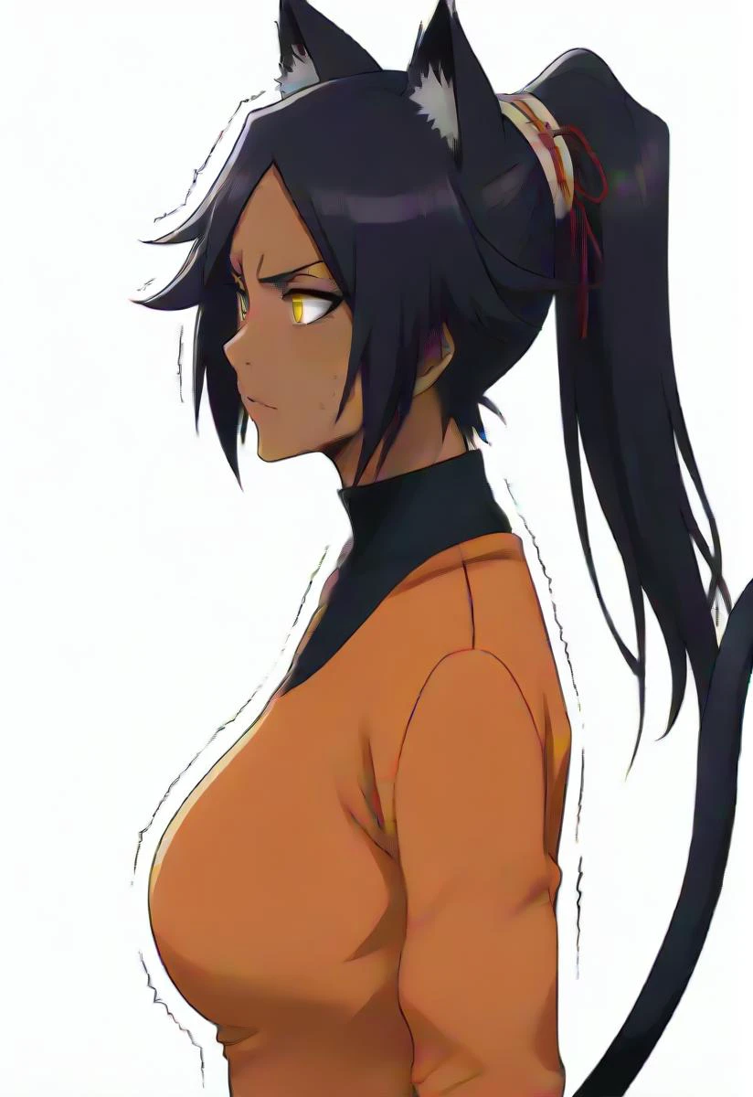 score_9, score_8_up, score_7_up, ,source_anime,BREAK,overalldetail,eyedetail,detailed face,
bleachTYBW,yoruichi,score_9,, 1girl, dark-skinned female, solo, dark skin, animal ears, breasts, tail, cat ears, white background, trembling, simple background, black hair, large breasts, long hair, ponytail, cat tail, from side
<lora:bleach_tybw_pony:0.8>, <lora:LowKeyLightsPony:0.8> LowKeyLights