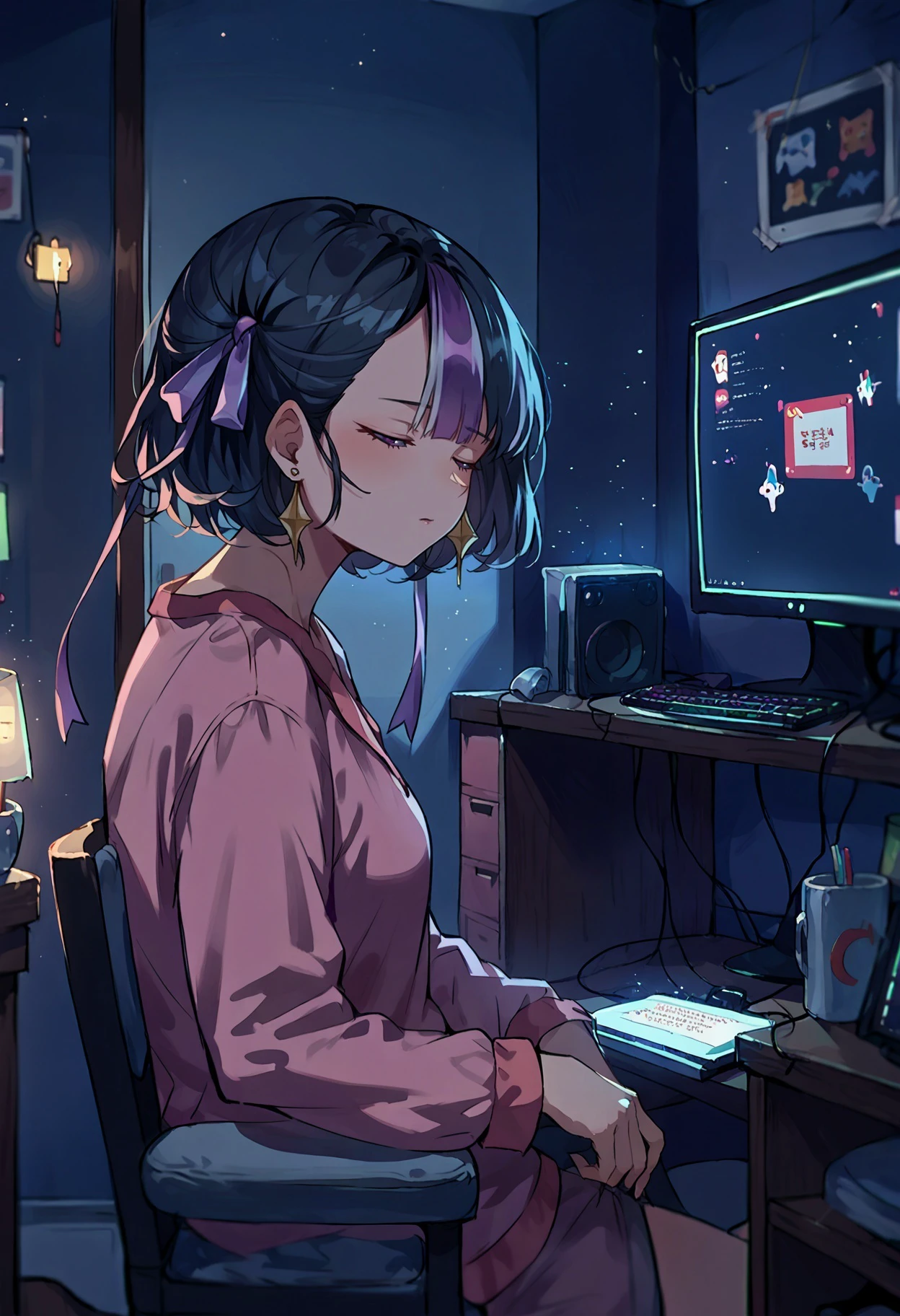 score_9, score_8_up,score_7_up, source_anime, night, LowKeyLights,indoors,
BREAK
dark room, computer, screens,
BREAK
sitting on chair, sleeping, syuen, purple eyes, black hair, streaked hair, short hair, bangs, hair ribbon, earrings, pink pajamas,mature, from side, leaning back,
<lora:LowKeyLightsPony:0.8> <lora:kingsstyle:0.8> <lora:syuen-nikke-richy-v1_pdxl:1>