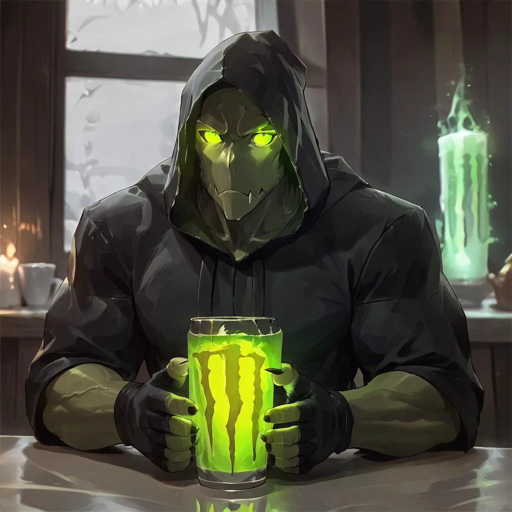 score_9, score_8_up, score_7_up, <lora:MonsterNitroPony:0.6>,NitroEnergy,solo,holding,cup,1man,wearing dark hood,huge glowing green glass cup in the midle of the table,holding cup with both hands,long dark demon fingers,wearing black gloves,monster nitro style backround,dark backround,
<lora:LowKeyLightsPony:0.6> LowKeyLights
