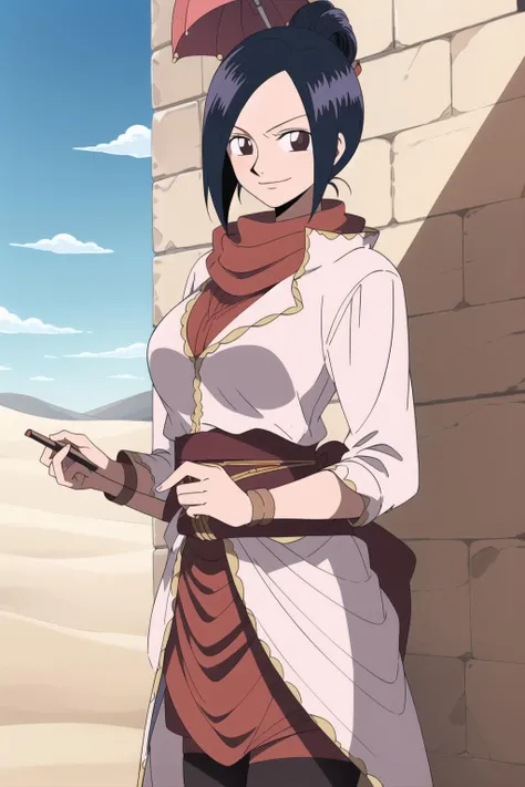 (masterpiece), best quality, anime coloring, rasa_onepiece, 1girl, solo, close up, looking at viewer, single hair bun, hair ornament, hair umbrella, jacket, scarf, smile, dress, sash, red legwear, cowboy shot, desert, dunes, blue sky